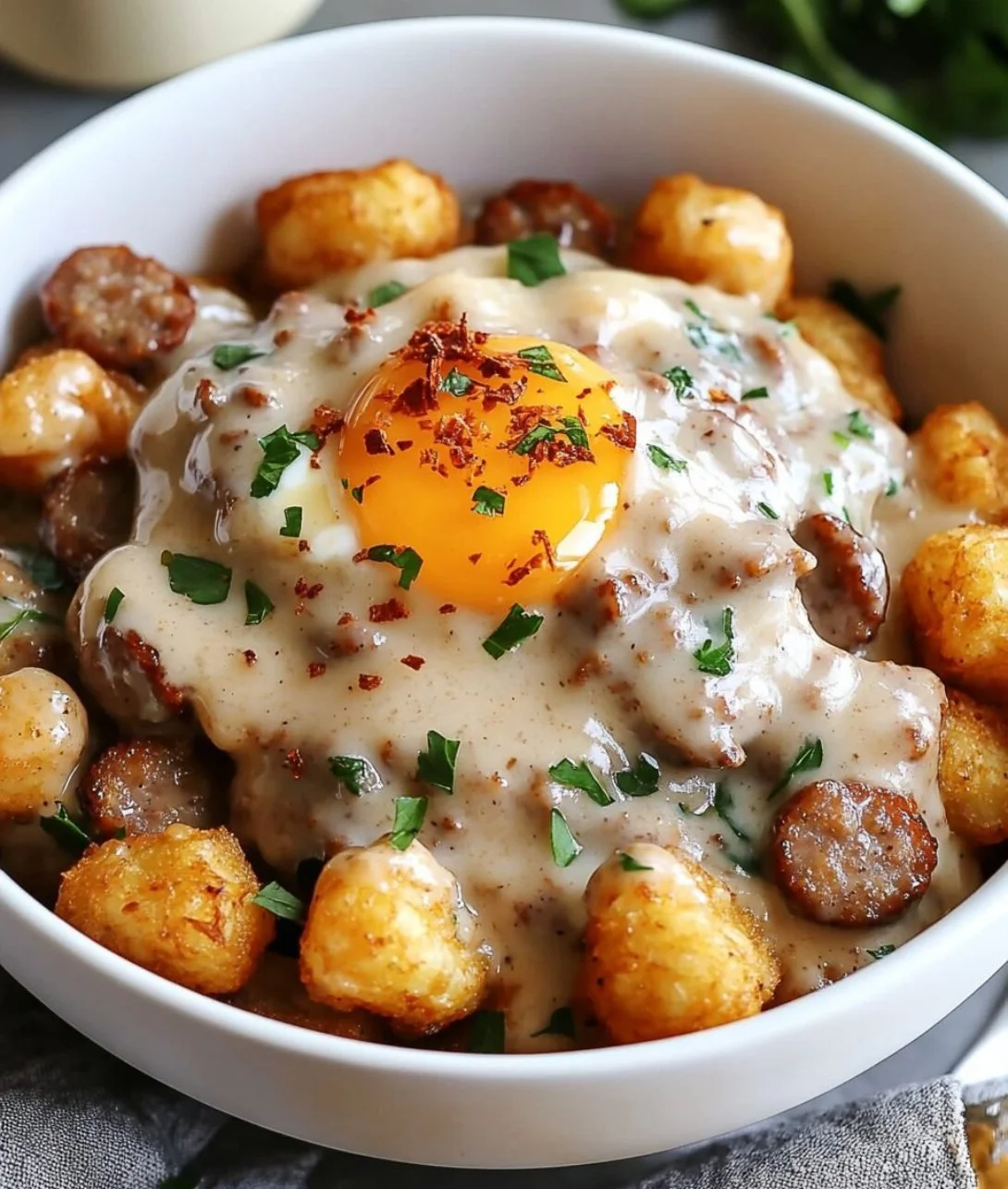 Tater Tot Breakfast Bowl with eggs, cheese, and veggies in a skillet