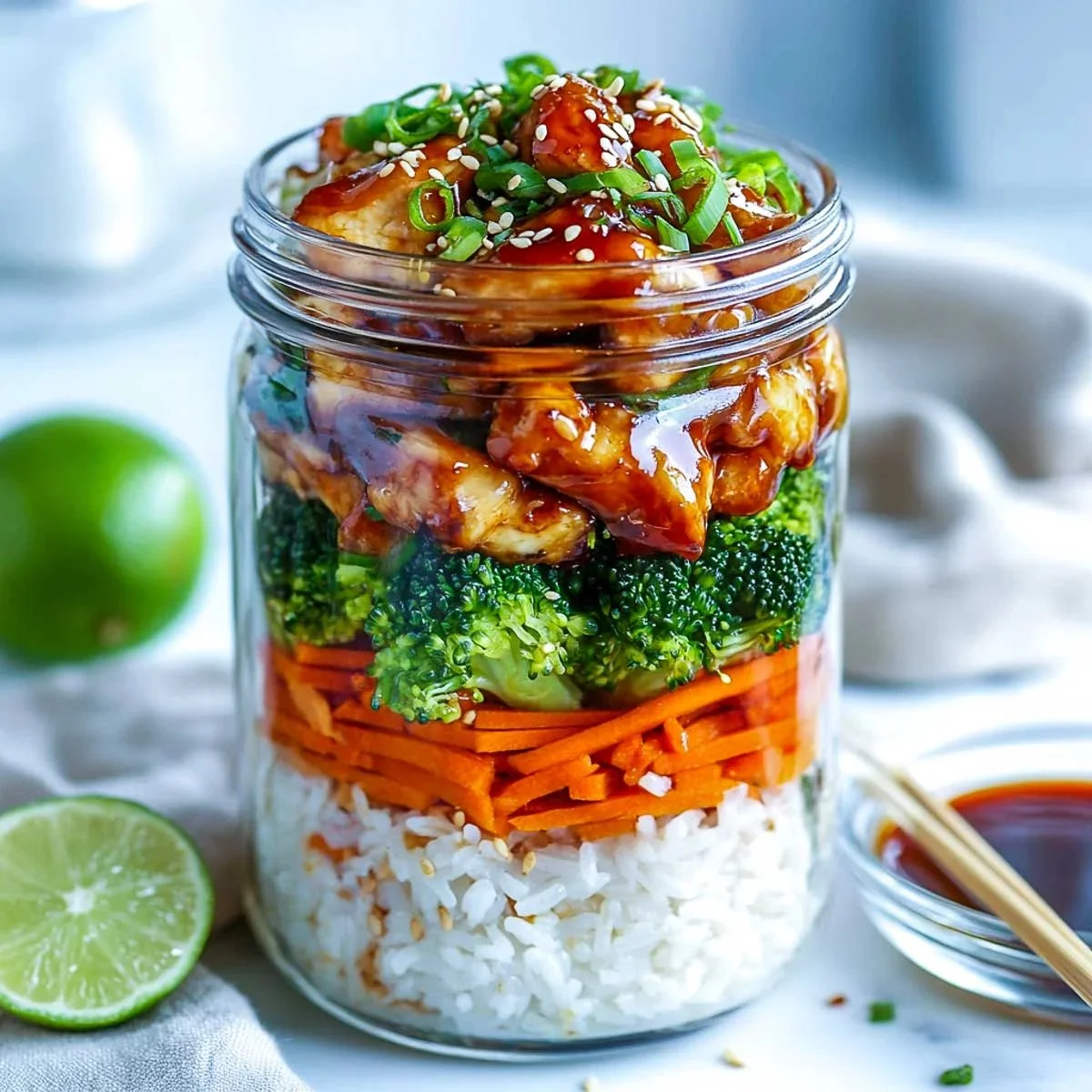 Teriyaki chicken and rice mason jar meal perfect for meal prep