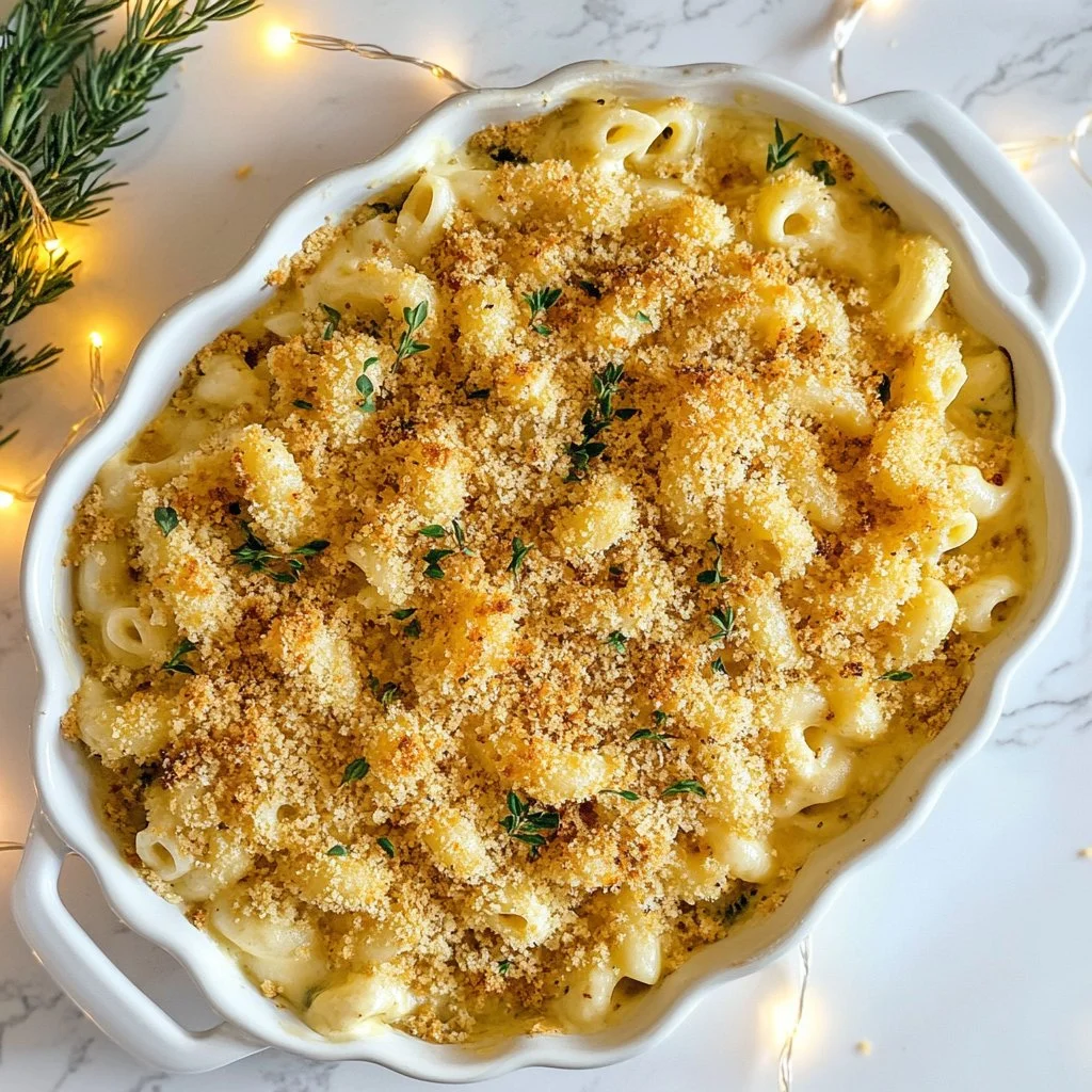 Thanksgiving Mac and Cheese topped with crispy breadcrumbs and garnished with herbs.