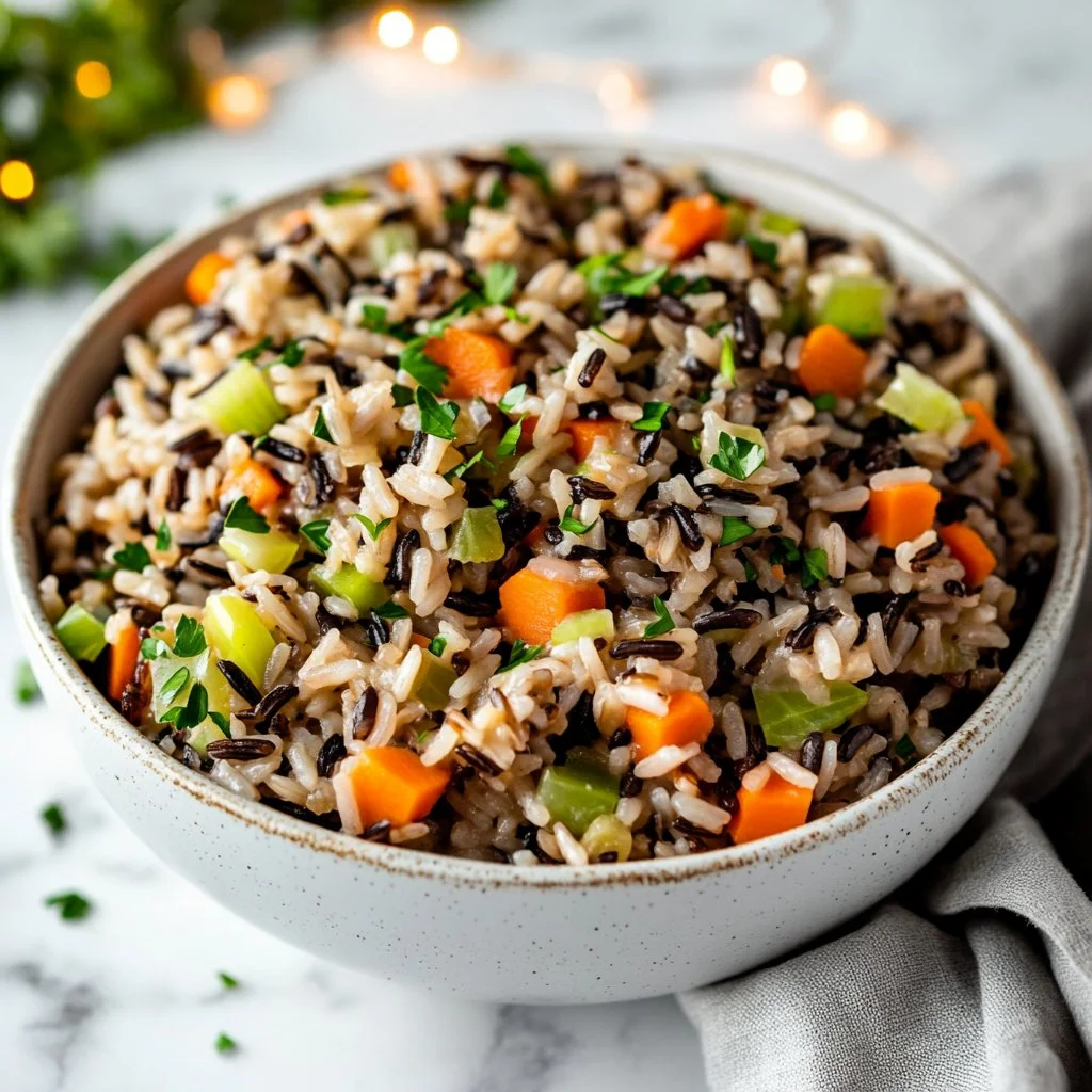 Delicious wild rice pilaf served in a bowl with herbs and vegetables.
